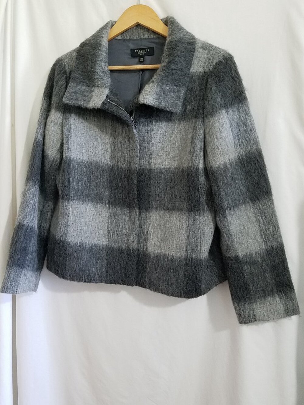 Talbots Gray Plaid Wool Blend Zip-Up Jacket 14P Petite Textured Fuzzy